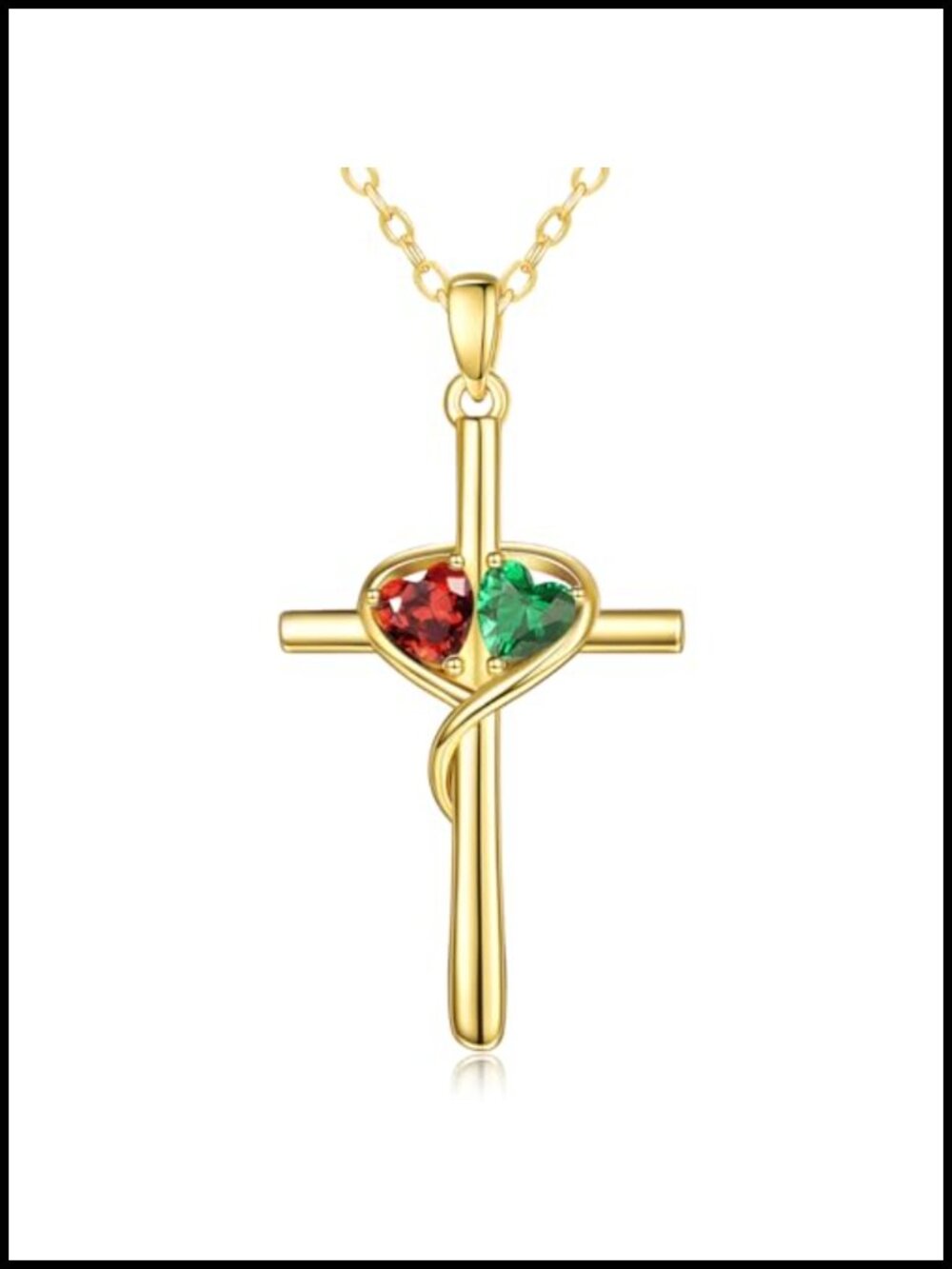 14K Gold Toned Cross Necklace Double Birthstone Pendant